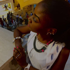StyleAura - Textured Grey Pearl with Pink Cezete Pendant - Model; Omega Mboyo Nsongo Samira