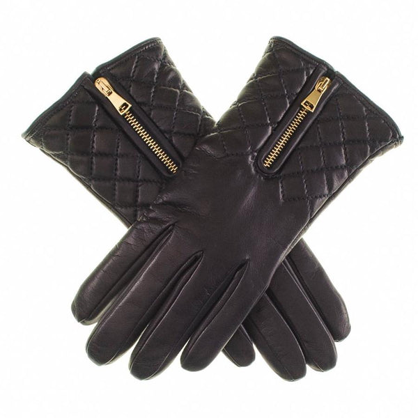 Womens Black Leather Quilted Gloves Cashmere Lining Uk 4133