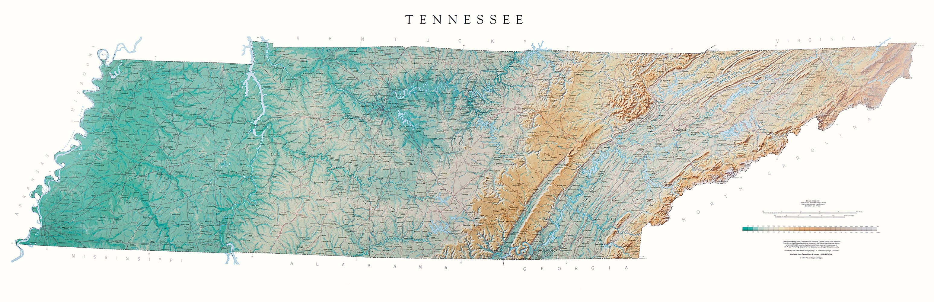 Tennessee Topographical Wall Map By Raven Maps 21 X 65 Geomart 9385