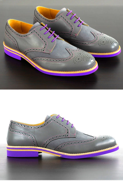 Mens Grey & Purple Leather Wingtip Dress Shoes | Soxy Socks – 0