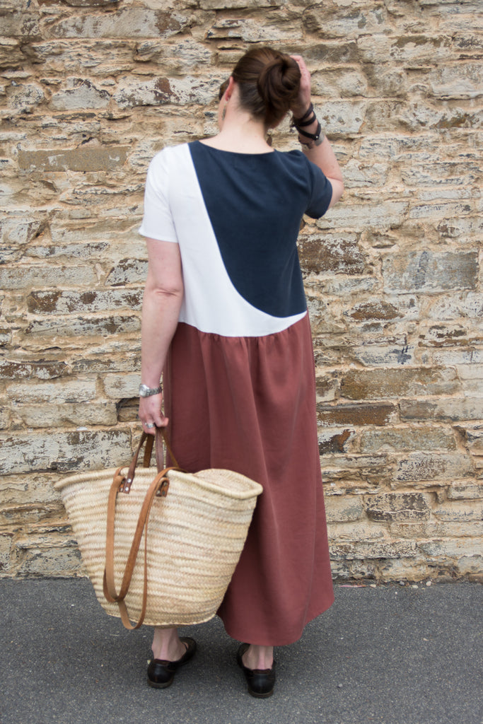 navy white rust brown dress