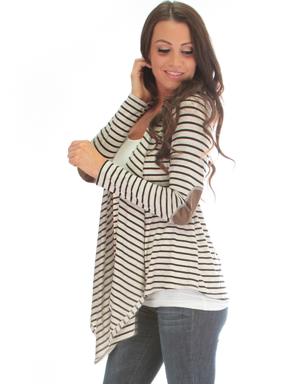 Totally Striped Out Elbow Patch Cardigan In Oatmeal