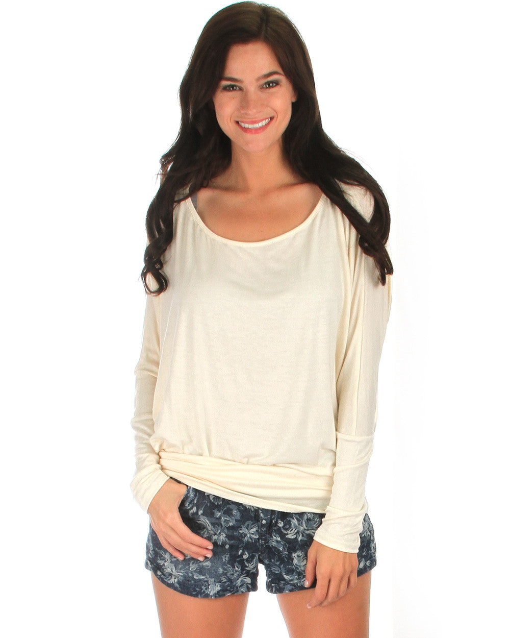 Long Sleeve Dolman Top With Side Ruching In Ivory