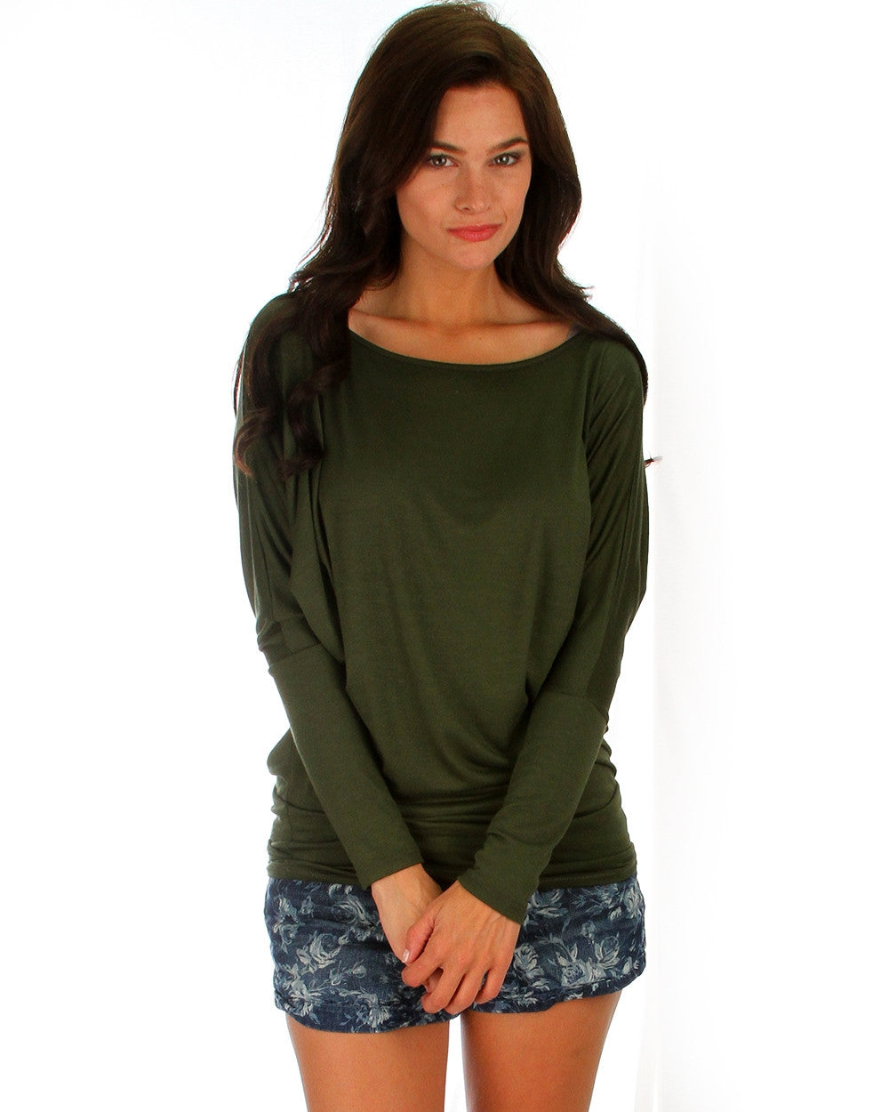 Long Sleeve Dolman Top With Side Ruching In Olive