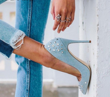 Ladies Rhinestones Blue Shoes Denim 