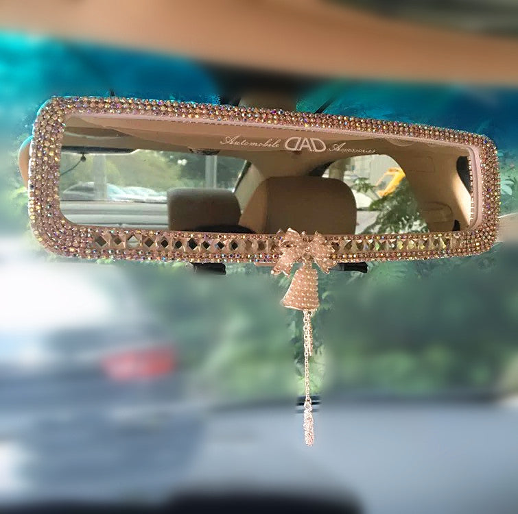 Rose red LuckySHD Bling Car Rear View Mirror with Rhinestone Lip 