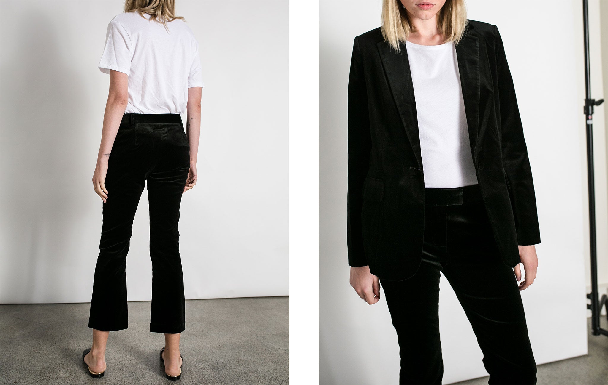 Frame denim la velvet mod suit jacket and black crop flare pants