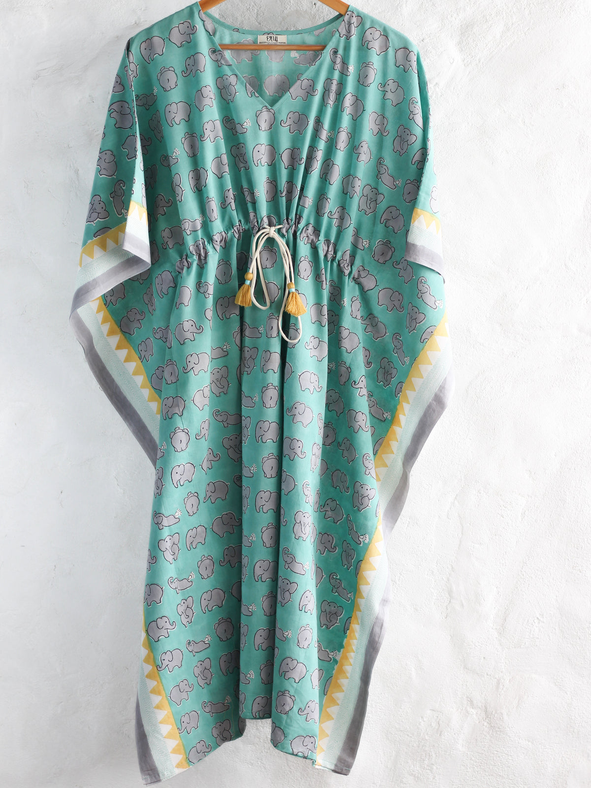 Kaftan- Elephants in Mint & Gray