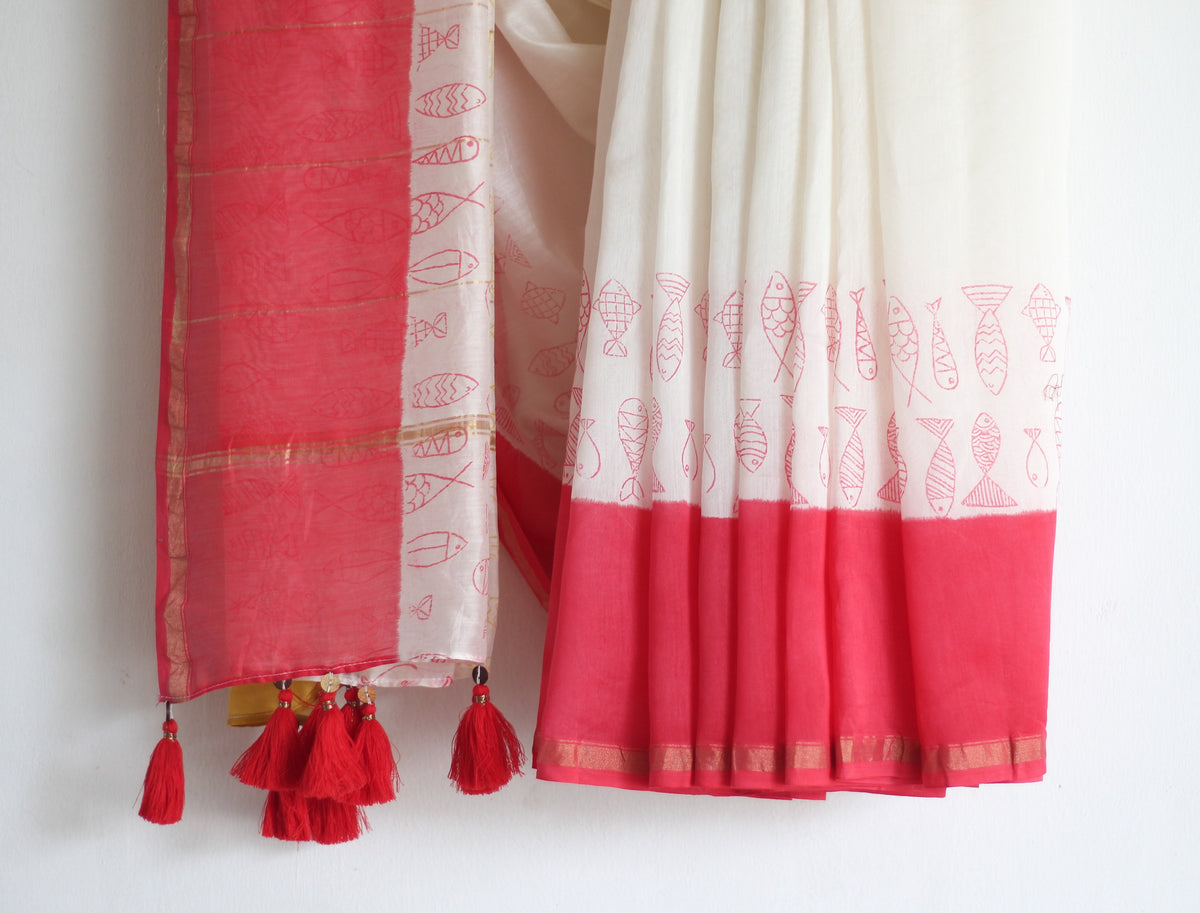 CHANDERI SAREE- Pujo with Red & Yellow - CHHAPA