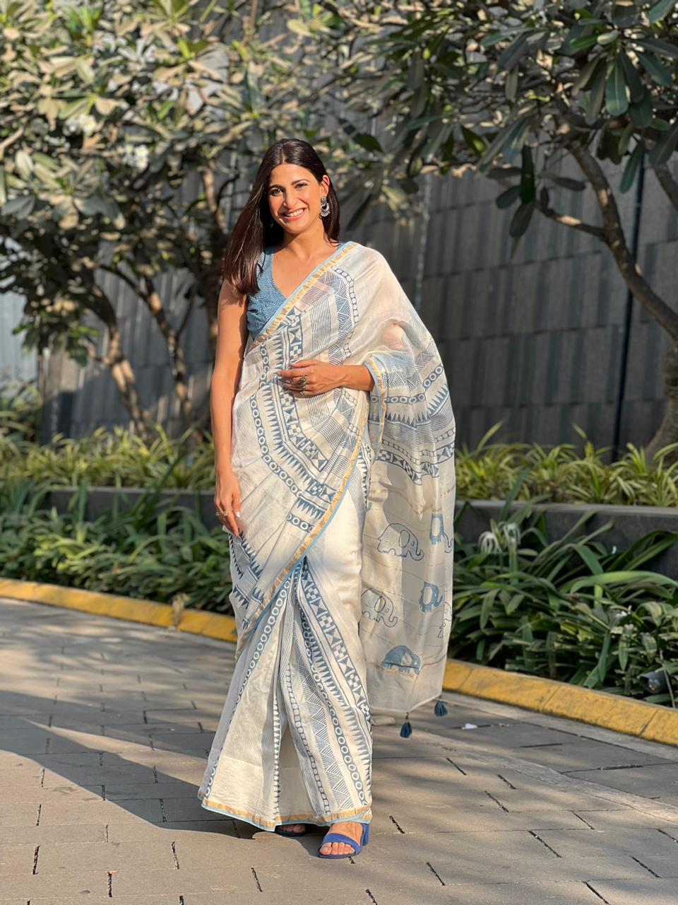 INDIGO ELEPHANTS - Chanderi Saree