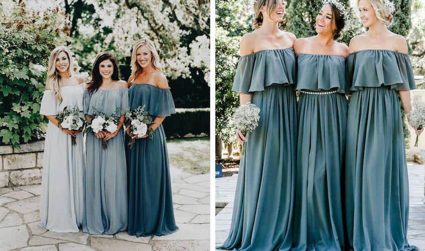 Long Chiffon Off the Shoulder Slate Gray Mismatched Bridesmaid Dresses Cheap