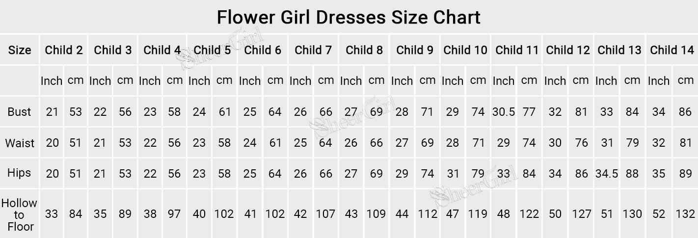 child size chart. flower girl size chart.