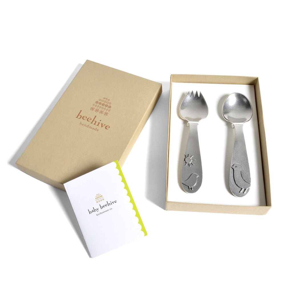 Beehive Handmade Baby and Mother Bird Pewter Baby Spoon Set BSB 