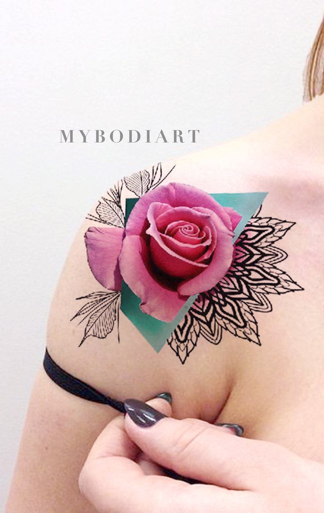 Unique Watercolor Pink Rose Tattoo Ideas on Shoulder - Traditional Geometric Mandala Triangle Tat for Women - ideas de acuarela Rosa Rosa tatuaje en el hombro para las mujeres - www.MyBodiArt.com #tattoos