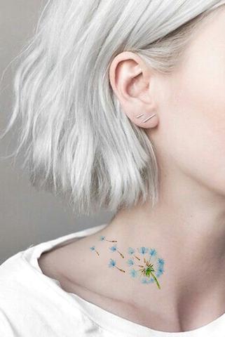 Small Watercolor Blowing Dandelion Neck Tattoo - Delicate Feminine Colorful Flower Tat - Pequeño tatuaje de cuello de diente de león que sopla de acuarela - www.MyBodiArt.com 