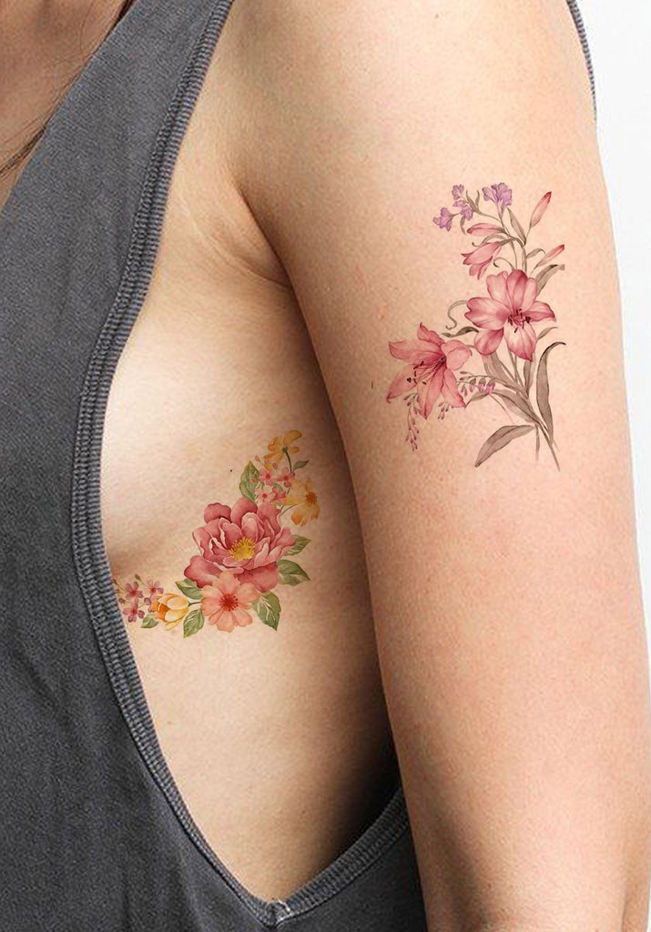 Vintage Flower Rib Tattoo Ideas for Women - Realistic Small Lily Floral Peonies Watercolor Arm Sleeve Tat - ideas de tatuajes de costillas de flores vintage para mujeres - www.MyBodiArt.com #tattoos 