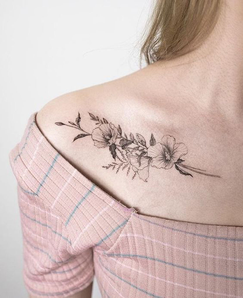 Sexy Tattoos for Women - Vintage Black Flower Shoulder Tattoo