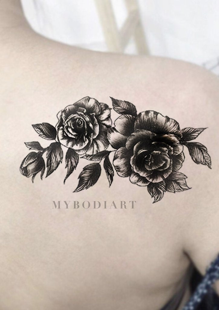 Vintage Rose Back Tattoo Ideas for Women - Cool Realistic Black Floral Flower Shoulder Tat - ideas vintage negro tatuaje rosa para las mujeres - www.MyBodiArt.com #tattoos