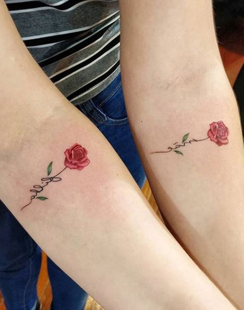 Cute Small Rose Script Forearm Tattoo Ideas for Best Friends Matching Watercolor Flower Arm Tattoos - pequeñas ideas de tatuaje de antebrazo rosa - www.MyBodiArt.com 