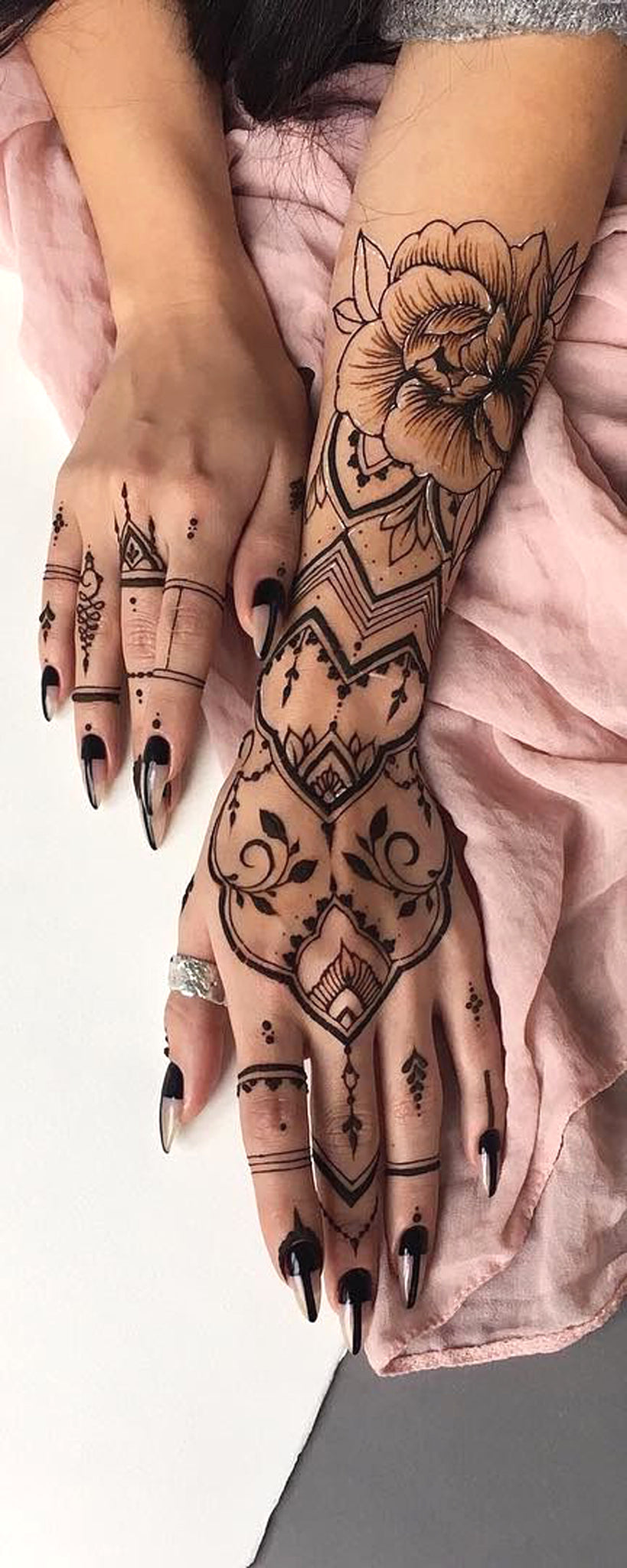 Black Henna Tribal Bohemian Hand Tattoo Ideas for Women - Realistic Rose Forearm Tat -  ideas de tatuaje de antebrazo rosa para mujeres - www.MyBodiArt.com 
