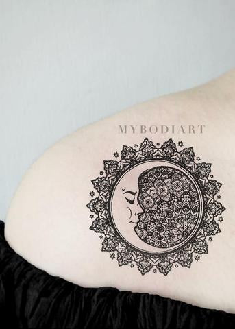 Cool Black Tribal Mandala Shoulder Tattoo Ideas for Women - Sacred Geometric Moon Arm Tat for Teen Girls - www.MyBodiArt.com #tattoos