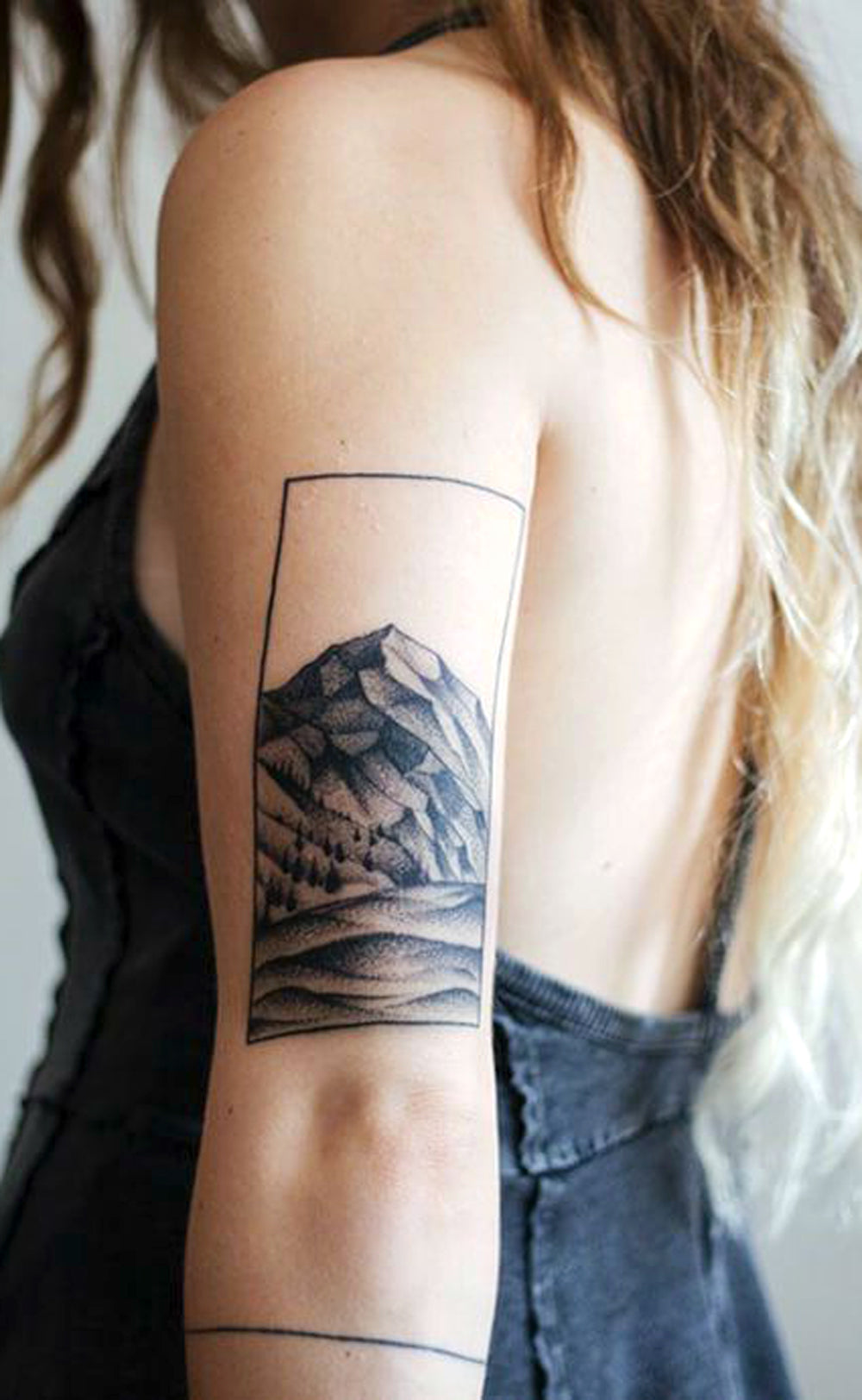 Black Geometric Mountain Back of Arm Tattoo Ideas for Women - Nature Forearm Tat -  ideas de tatuajes de brazo de montaña para mujeres - www.MyBodiArt.com