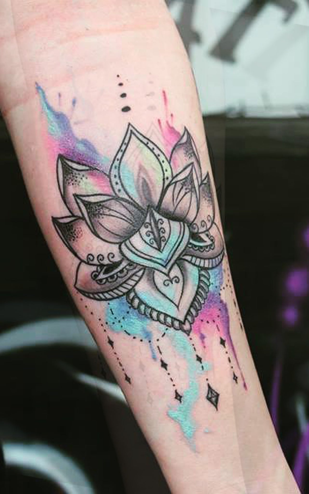 Watercolor Rainbow Colorful Lotus Mandala Chandelier Forearm Tattoo Ideas for Women -  ideas coloridas del tatuaje del antebrazo - www.MyBodiArt.com