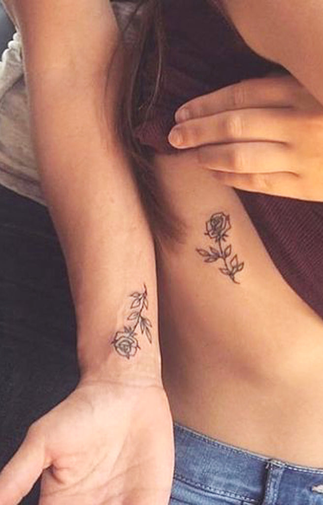 Small Matching Tattoo Ideas for Couples Cute Rose Outline Rib Wrist Tattoos -  pequeñas ideas de tatuajes de rosas para parejas - www.MyBodiArt.com