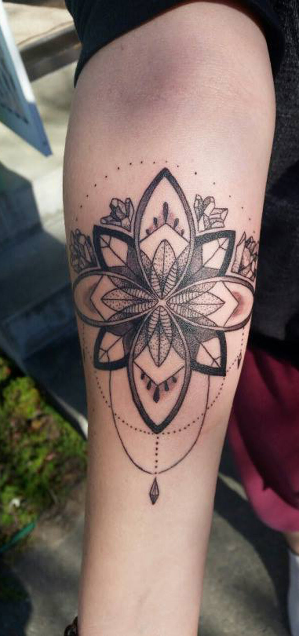 Lotus Chandelier Forearm Tattoo Ideas for Women - Black Sacred Geometric Arm Tat - www.MyBodiArt.com