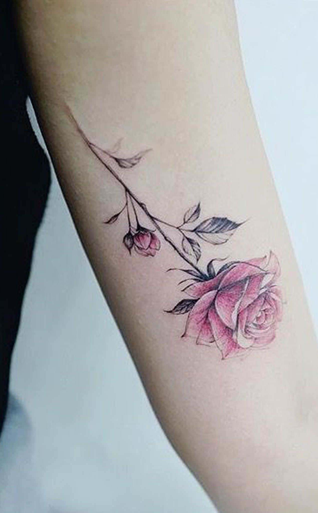 Watercolor Rose Arm Tattoo Ideas for Women - Small Colorful Flower Bicep Tat - www.MyBodiArt.com #tattoos