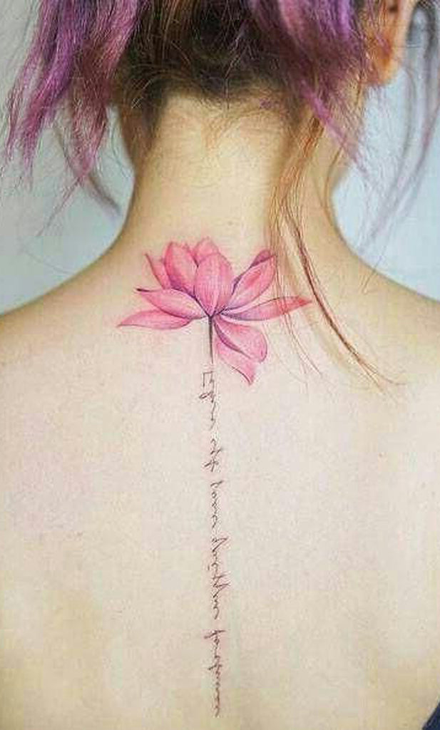 Cute Watercolor Pink Lotus Back Spine Script Quote Tattoo Ideas for Women -  Ideas de tatuaje de flores para mujeres - www.MyBodiArt.com