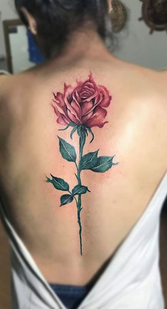 Watercolor Large Realistic Rose Spine Back Tattoo Ideas for Women - www.MyBodiArt.com