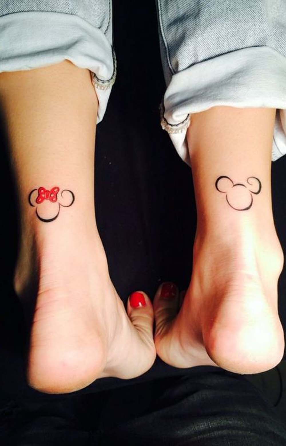 Simple Small Outline Mickey Mouse Matching Couple Ankle Back of Leg Tattoo Ideas Minnie Mouse -  ideas del tatuaje del tobillo del ratón - www.MyBodiArt.com