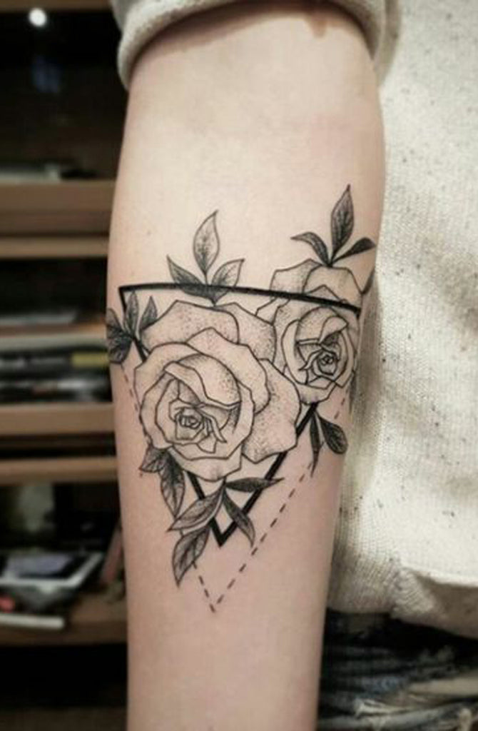 Trending Rose Outline Geometric Triangle Black and White Tattoo Ideas for Women -  Ideas de tatuaje de flores para mujeres - www.MyBodiArt.com