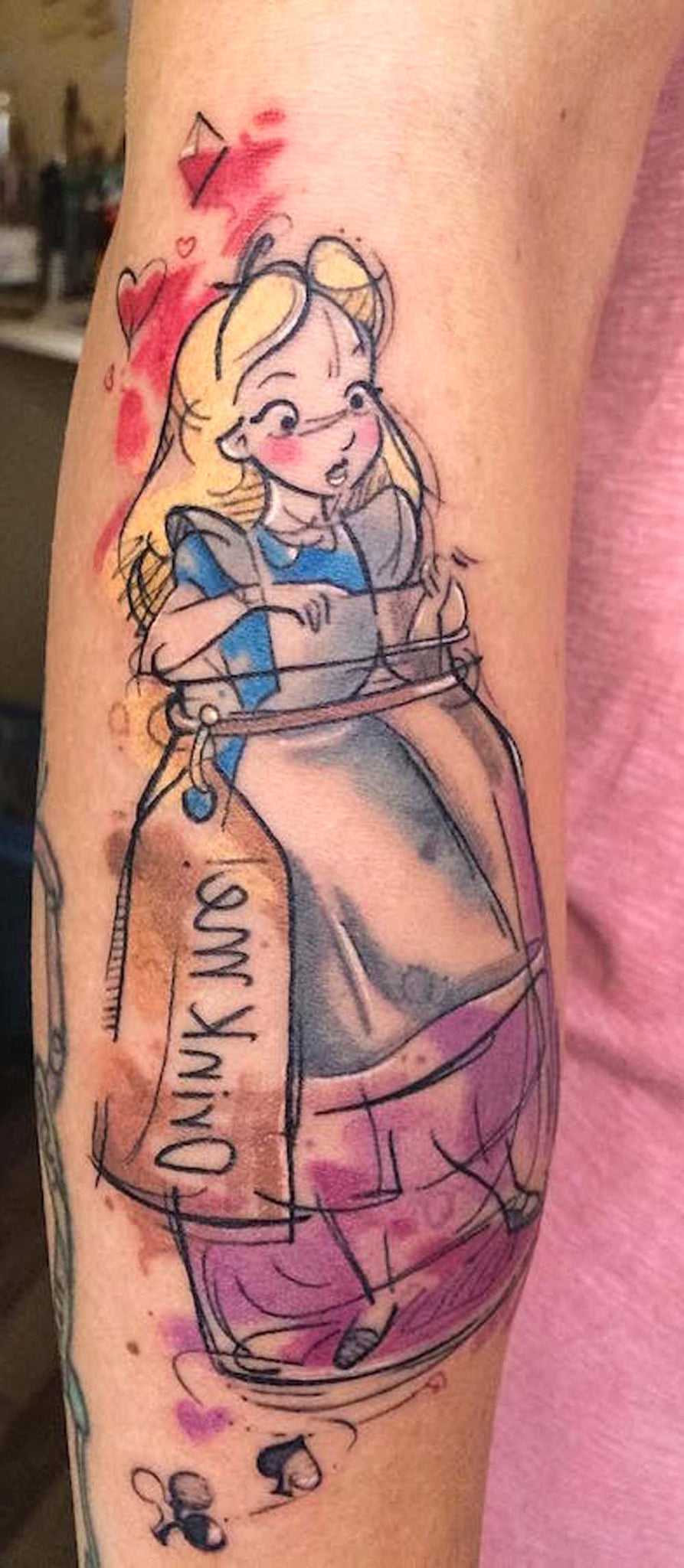 Watercolor Alice in Wonderland Leg Tattoo Ideas for Women - www.MyBodiArt.com