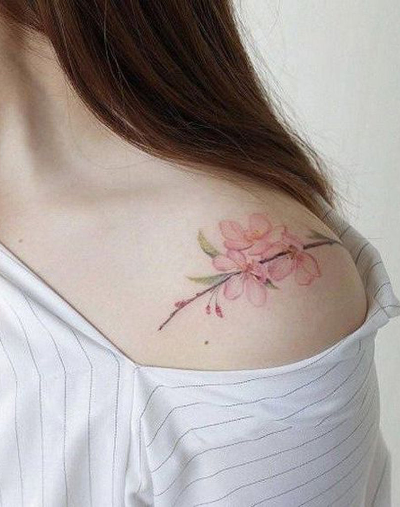 Feminine Watercolor Pink Floral Flower Vine Shoulder Tattoo Ideas for Women -  Ideas de tatuaje de flores para mujeres - www.MyBodiArt.com