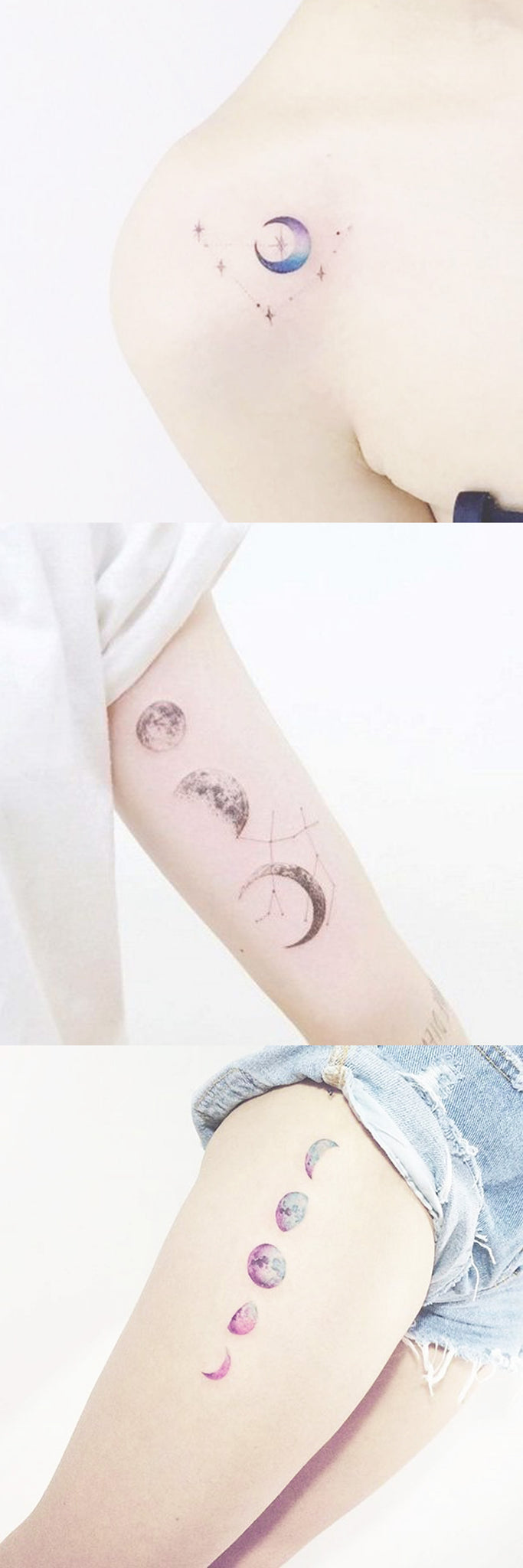 Watercolor Full Small Sun and Moon Tattoo Ideas for Women - Phases of the Planets Stars - MyBodiArt.com