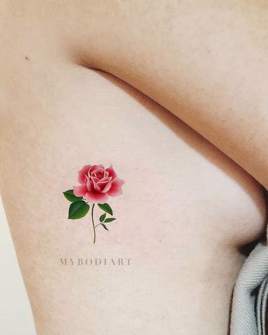 Women’s Cute Small Single Red Rose Rib Tattoo Ideas for Teens Girls - Watercolor Tiny Floral Flower Side Tat - acuarela pequeñas ideas de tatuaje de costillas de rosa roja para adolescentes - www.MyBodiArt.com #tattos