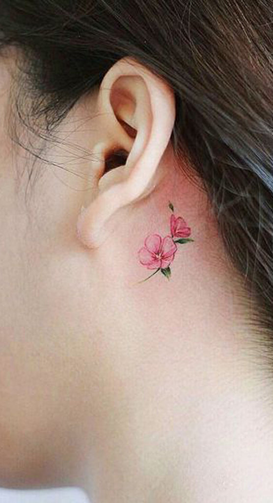 Cute Small Pink Watercolor Behind the Ear Tattoo Ideas for Women - www.MyBodiArt.com 