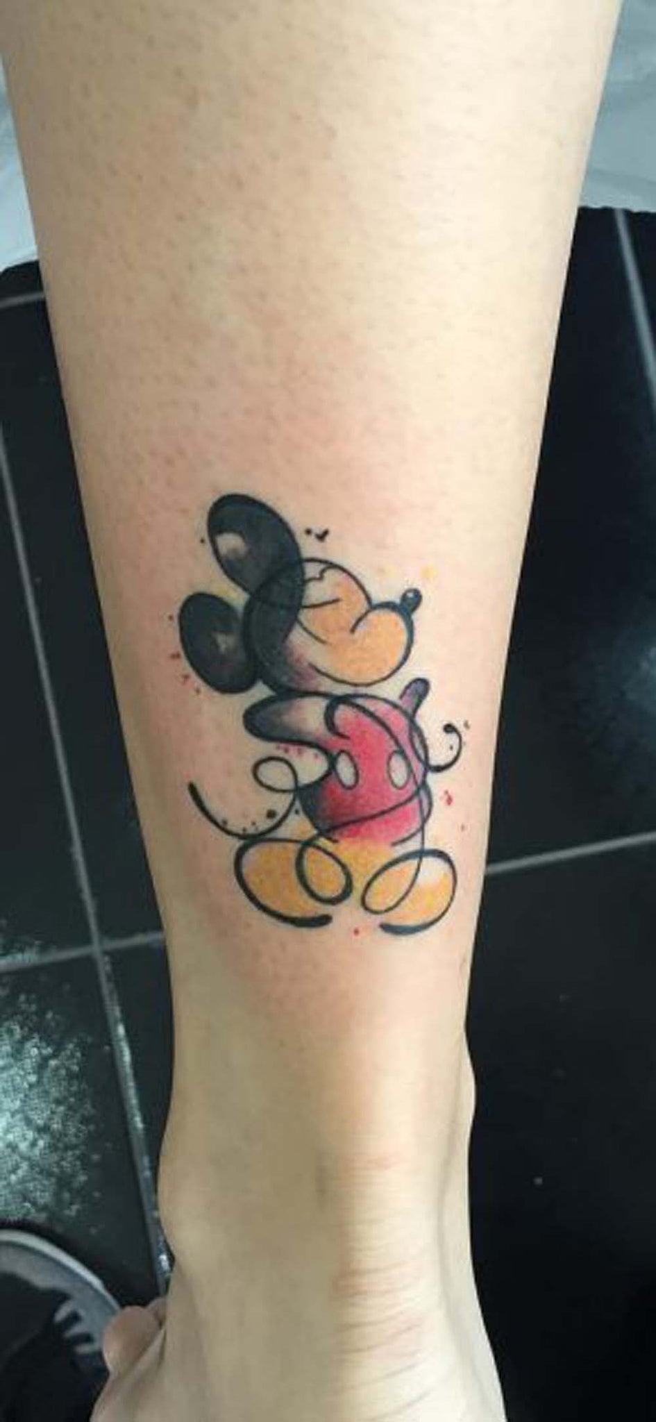Cute Small Minimal Watercolor Mickey Mouse Ankle Leg Calf Tattoo Ideas for Women - www.MyBodiArt.com