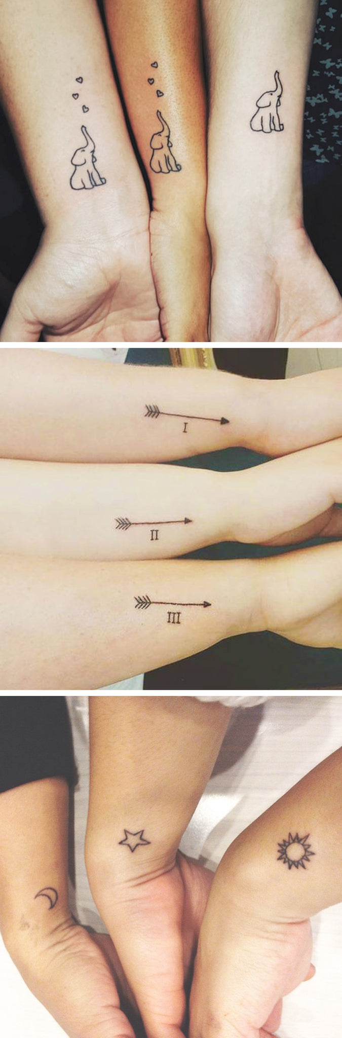 Minimalistic Matching Tattoo Ideas for 3 Sisters, Bestfriends, Siblings - Small Wrist Ideas Para Perforar Orejas Elephant Arrow Roman Numerals Sun and Moon - www.MyBodiArt.com