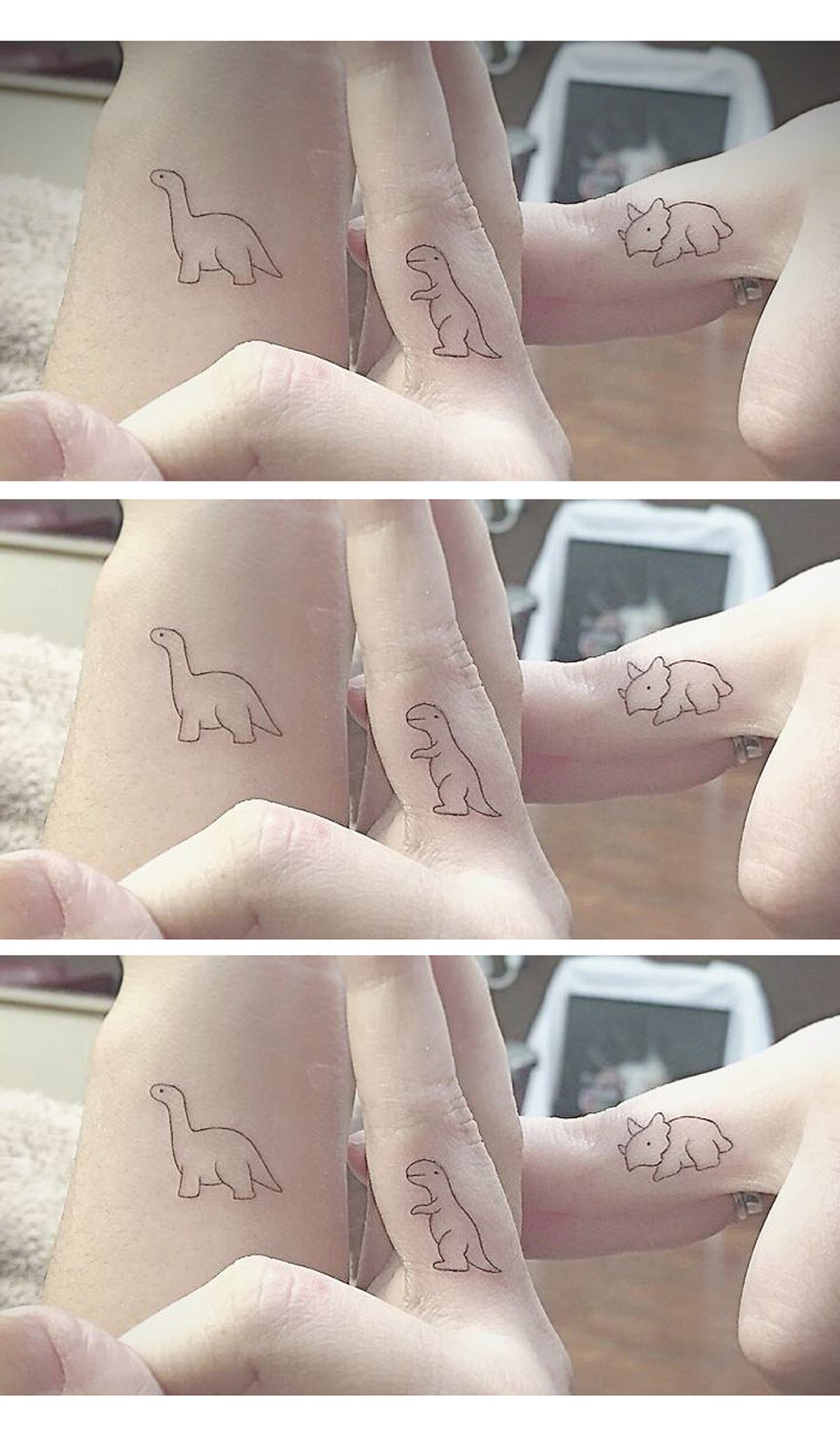 Simple Matching Finger Tattoo Ideas for Bestfriends, Siblings, Sisters, for 3 - Minimal Dinosaur Tatouage - Ideas Del Tatuaje - www.MyBodiArt.com 