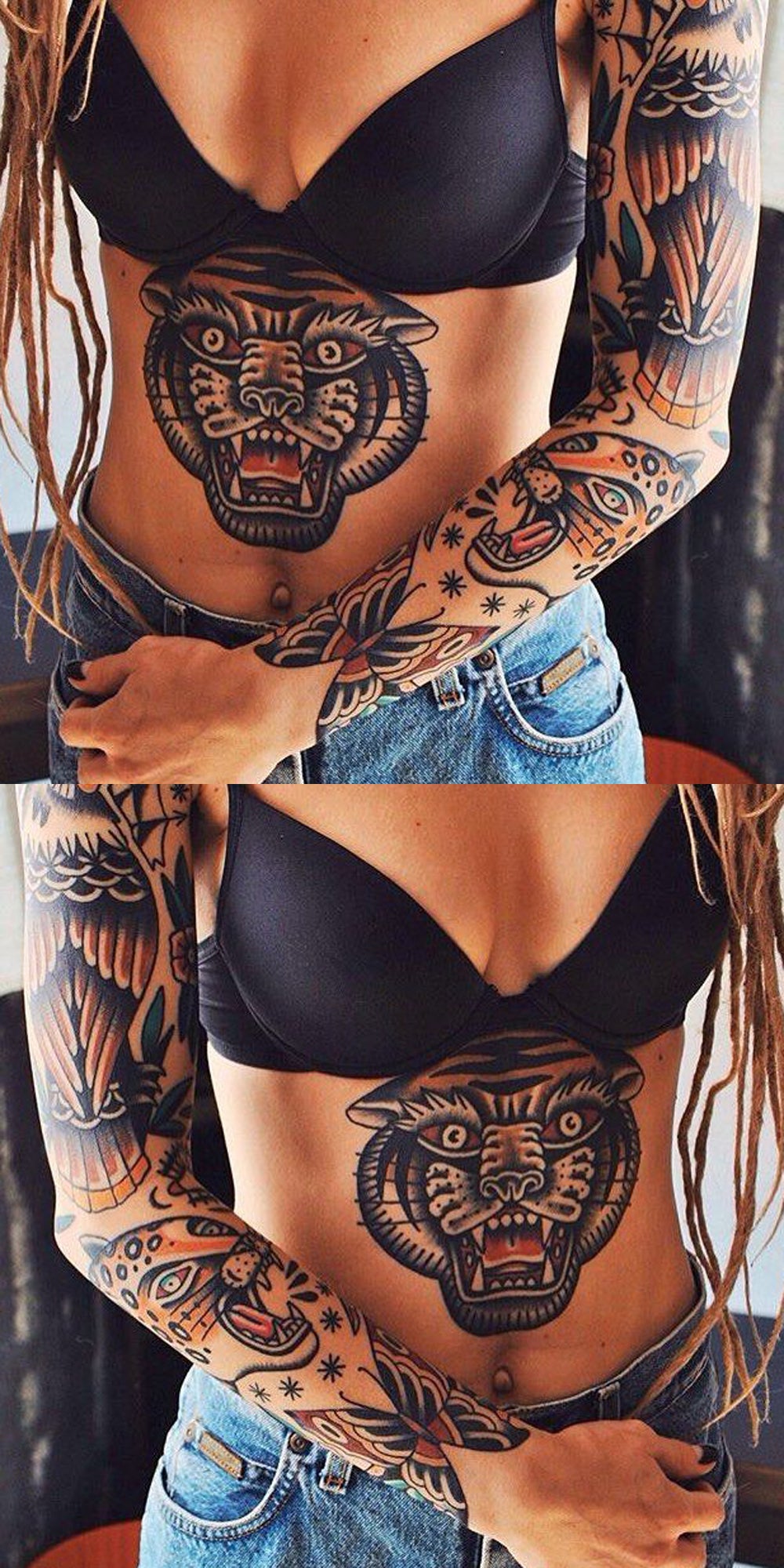 Colorful Tribal Ancient Tiger Full Arm Sleeve Tattoo Ideas for Women -  Colorido tribal antiguo tigre completo brazo manga tatuaje Ideas para mujeres - www.MyBodiArt.com