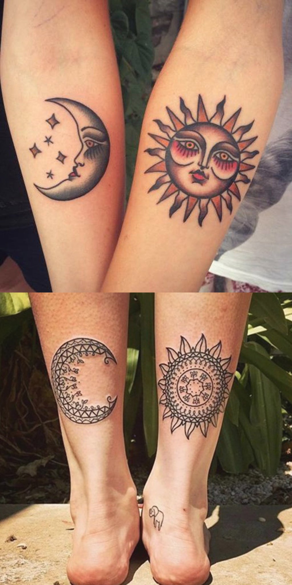 Cool Tribal Sun & Moon Matching Tattoo Ideas fo Best Friends - Bohemian Boho Crescent Forearm Ankle Tat for Couples -  sol y luna que coinciden con las ideas del tatuaje del antebrazo para los mejores amigos - www.MyBodiArt.com