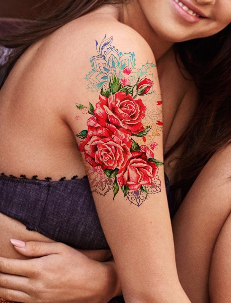 Watercolor Rose Arm Sleeve - Metallic Traditional Flora Floral Tattoo Ideas for Women - ideas de tatuaje de manga de brazo de rosa para mujeres - www.MyBodiart.com #tattoos