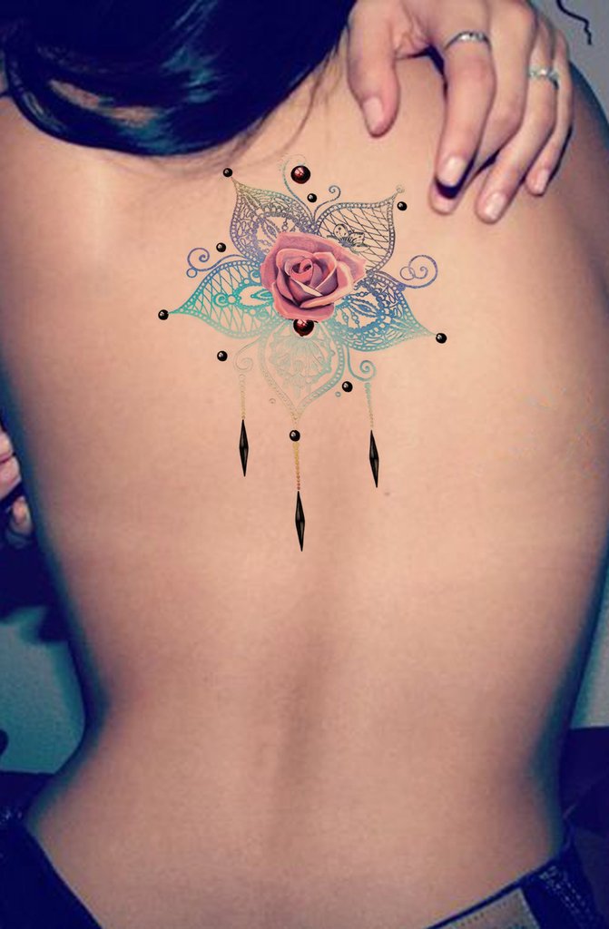 Unique Rose Mandala Back Tattoo Ideas for Women - Metallic Watercolor Floral Flower Chandelier Tat - ideas únicas para el tatuaje de rosa - www.MyBodiArt.com #tattoos