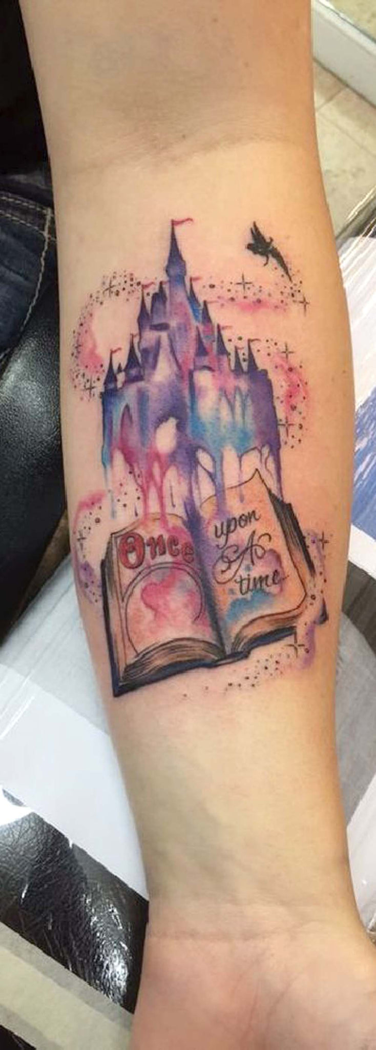 Disney Castle Watercolor Forearm Tattoo Ideas for Women Tinkerbell Fairy  -  ideas de tatuaje de antebrazo de castillo -  www.MyBodiArt.com 