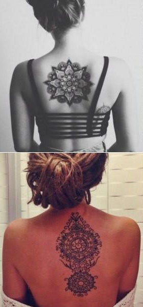 Geometric Mandala Back Tattoo Ideas for Women Black Henna - www.MyBodiArt.com #tattoos