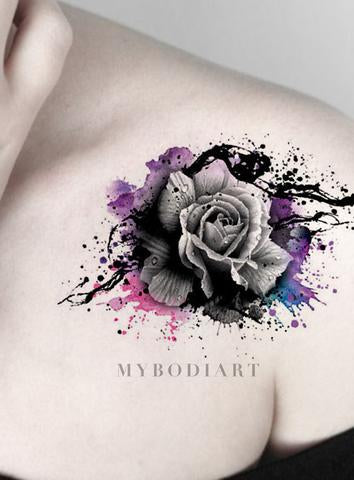 Cool Watercolor Splat Black Rose Tattoo on Shoulder - Traditional Vintage Floral Flower Arm Tat Ideas for Women - ideas frescas del tatuaje del hombro de la rosa negra de la acuarela - www.MyBodiArt.com #tattoos