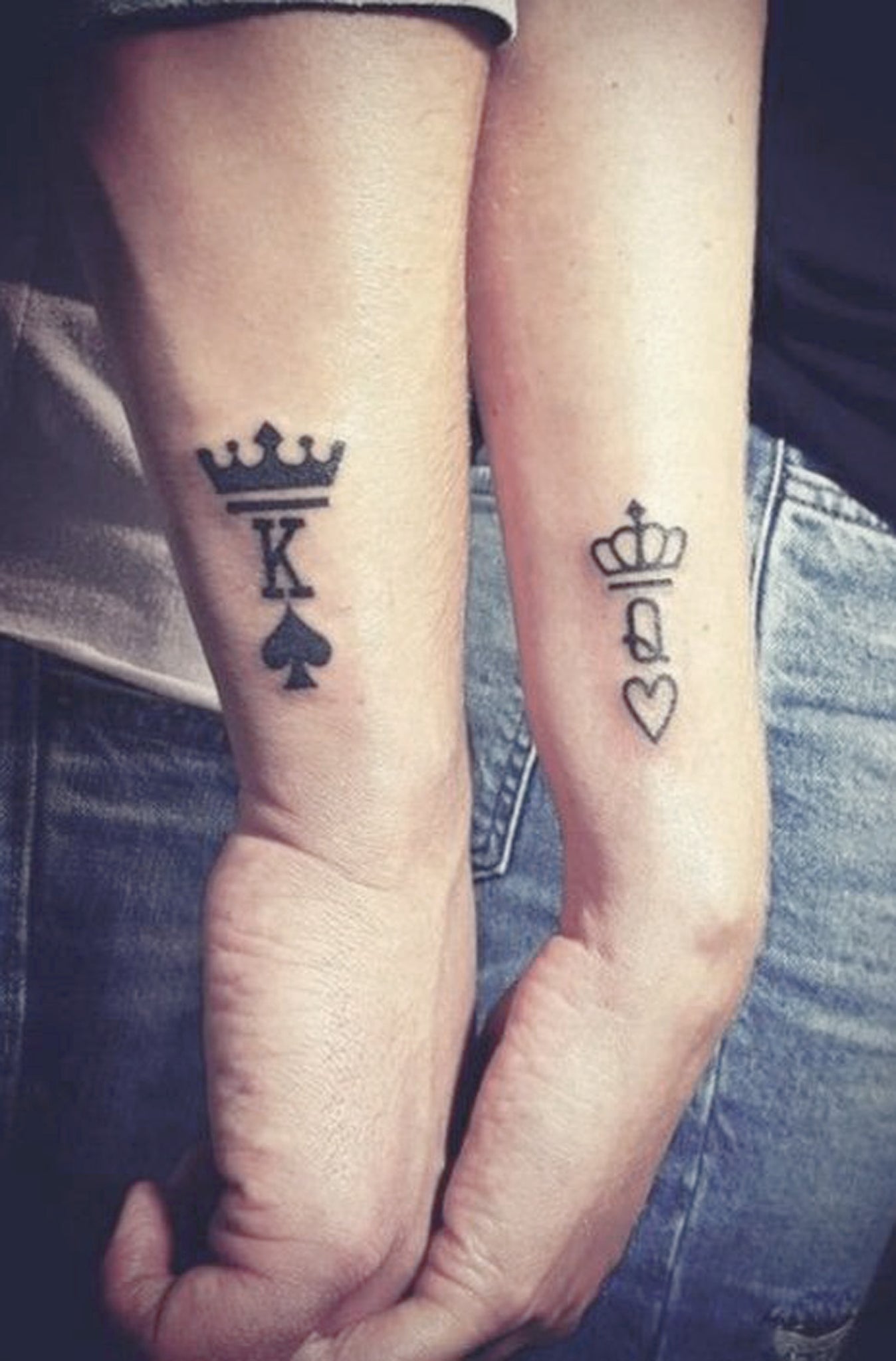 Small Matching Wrist Tattoo Ideas for Couples - King Queen Spade Hearts Tatouage - Boyfriend Girlfriend - www.MyBodiArt.com 